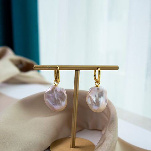 Baroque Pearl Drop Gold Square Hoop Earrings
